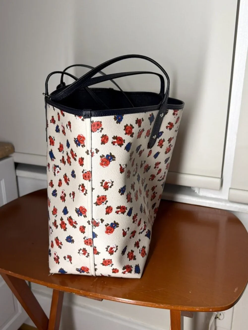 Coach Floral Reversible City Tote Navy Pebbled Leather Bag